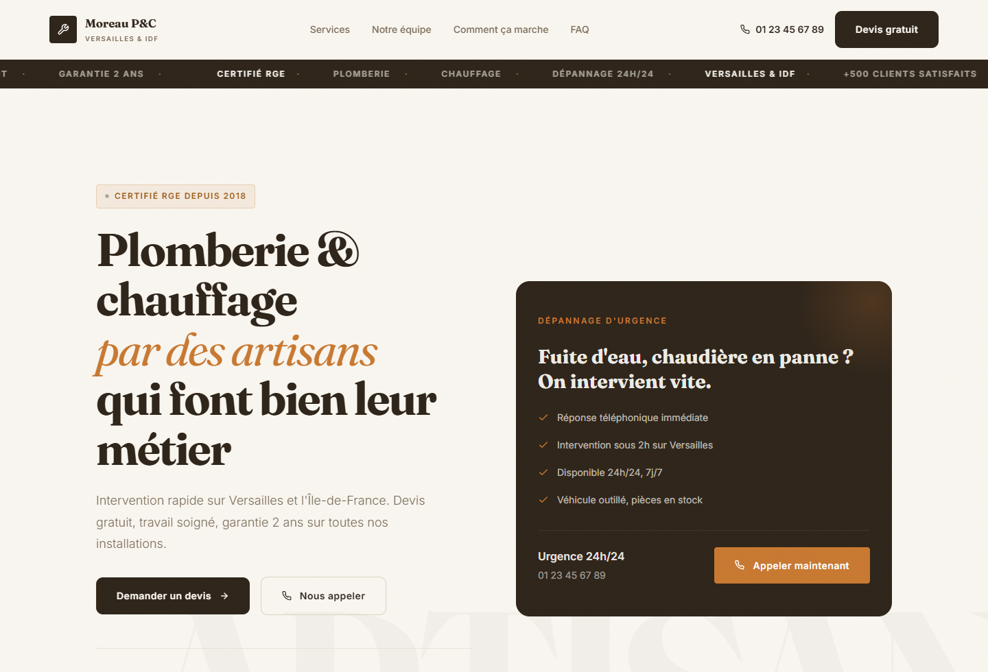 Aperçu d'un site web artisan pour Moreau Plomberie & Chauffage