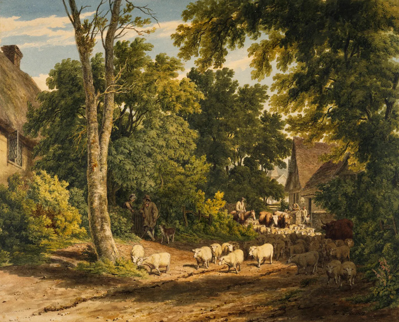 Peinture de paysage ancien aux tonalités vertes et ocres